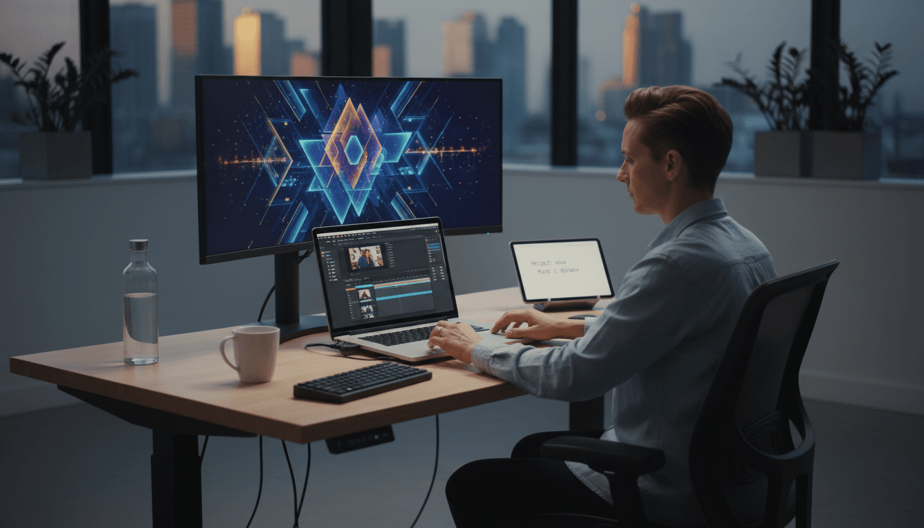 Digital professional working with AI learning resources on laptop in modern workspace