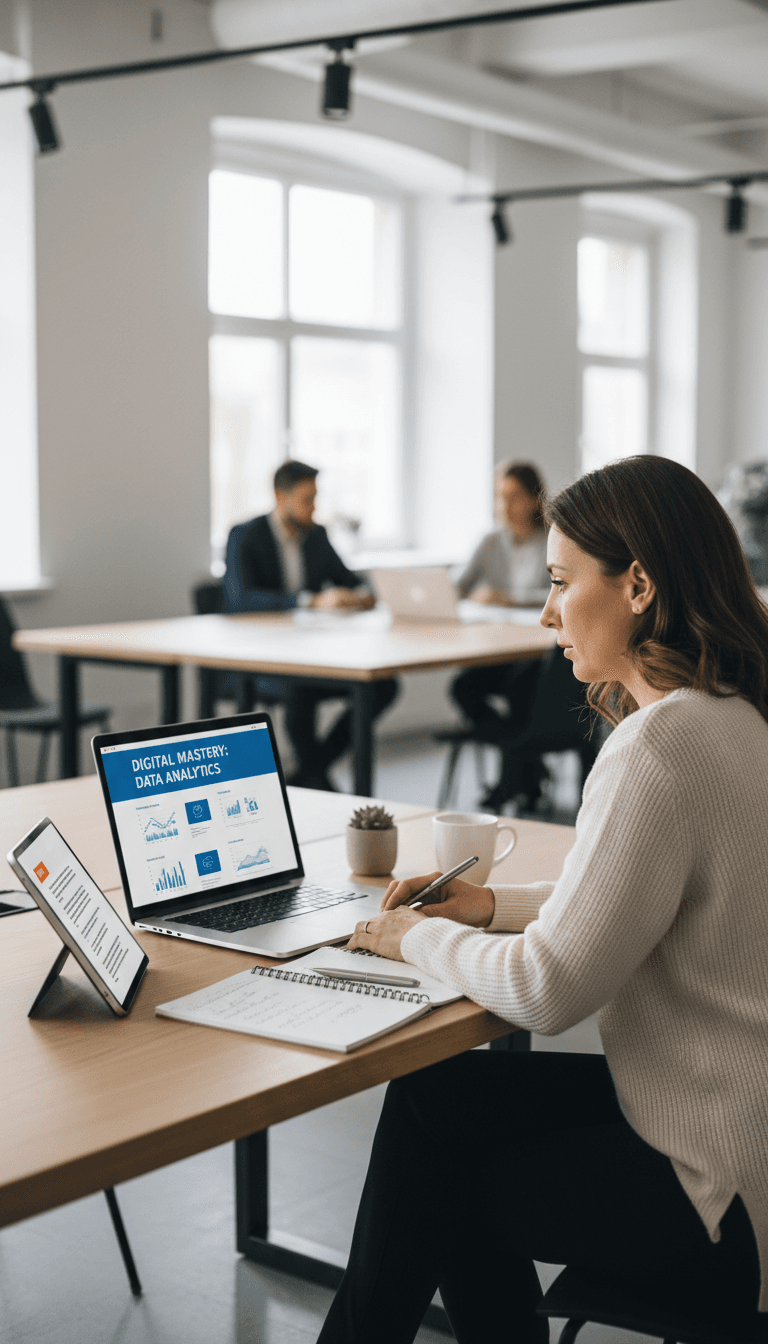 Learner studying AI course materials on laptop at modern workspace