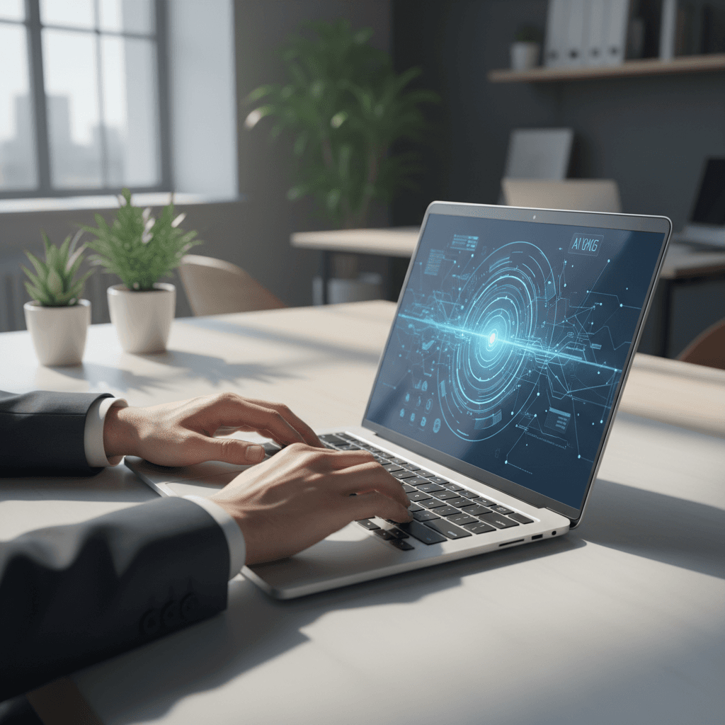 Professional learner engaged with AI educational content on modern workspace