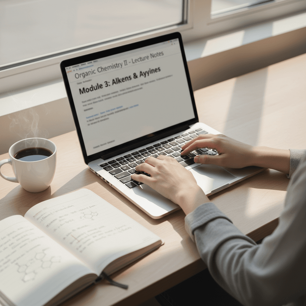 Learner studying AI concepts on computer with digital course materials